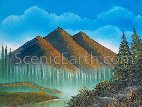 The Three Peaks of Misty Mountain - An original oil painting of three peaks surrounded by misty fog, mountains and water